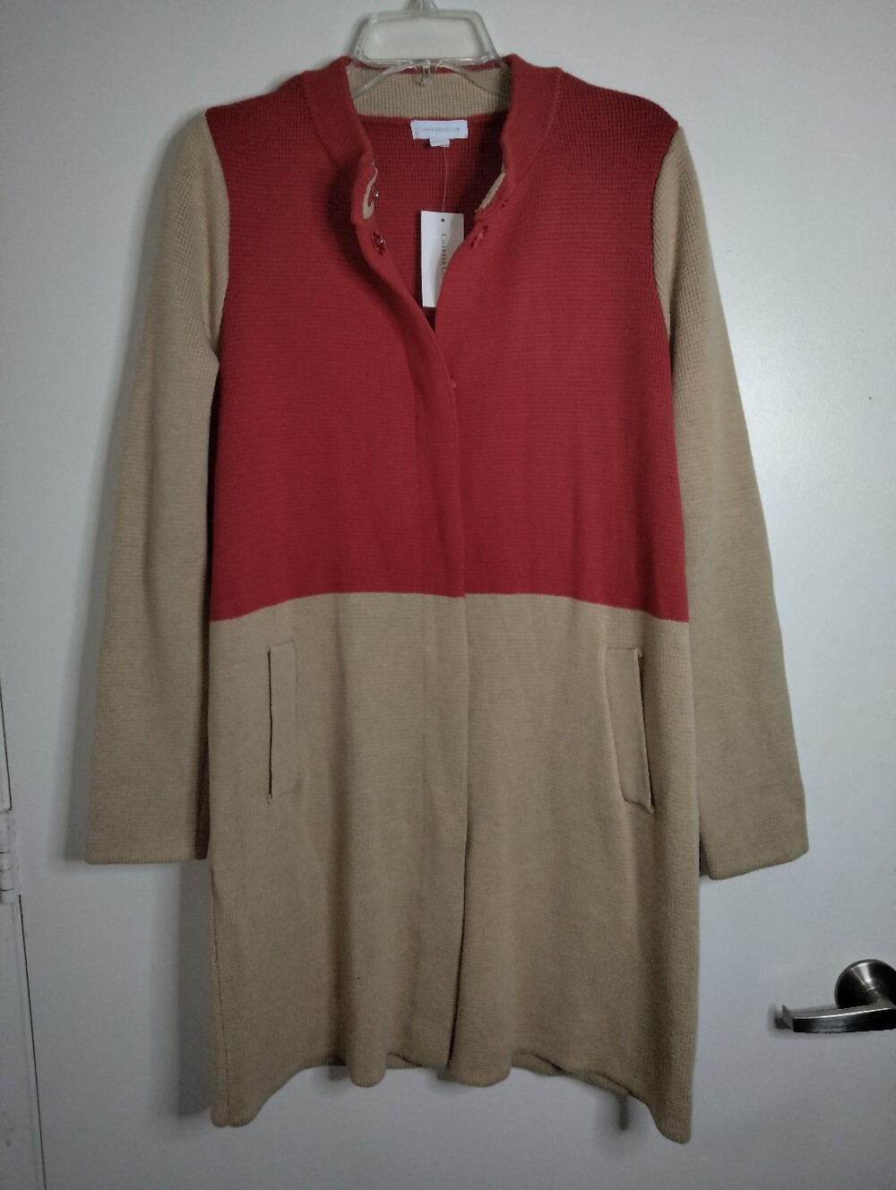 Charter Club (Size L) Red Tan Colorblock Stretch Knit LS Long Line Coat NEW-NWT